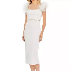Mac Duggal Feather & Pearl-Embellished Midi Dress